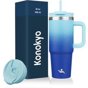 30 oz Tumbler with Handle and 2 Straws,2 in 1 Lid Insulated Water Bottle Stainless Steel Travel Coffee Mug,Sky