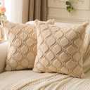 Throw Pillow Covers 18 x 18 Set of 2 Beige Boho Throw Pillows Decorative Soft Plush Faux Fur Soft Cushion Case for Farmhouse Living Room Couch Sofa Home Decors SY010-A18
