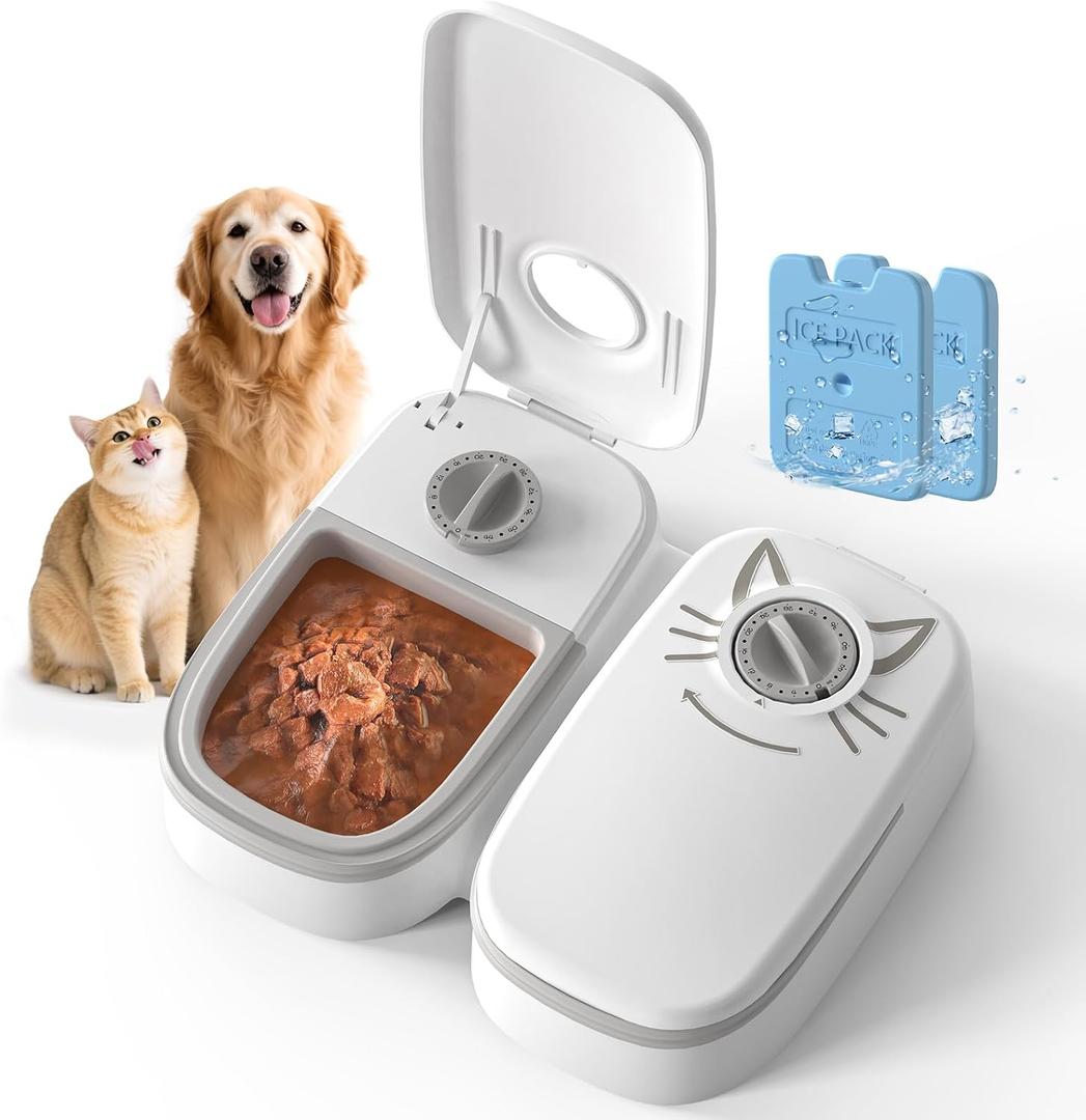 2-Meal Timed Cat Feeder, 48H Wet Food Dispenser with Ice Packs, 700ml Capacity, Battery Powered for Cats & Small Dogs