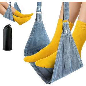 Airplane Foot Hammock, No Collapse Foot Rest for Plane Travel with Extended Adjustment Strap, Portable Desk Foot Hammock with,Cotton Denim, Foot Sling Travel Essentials to Relax Your Feet(Light Blue)