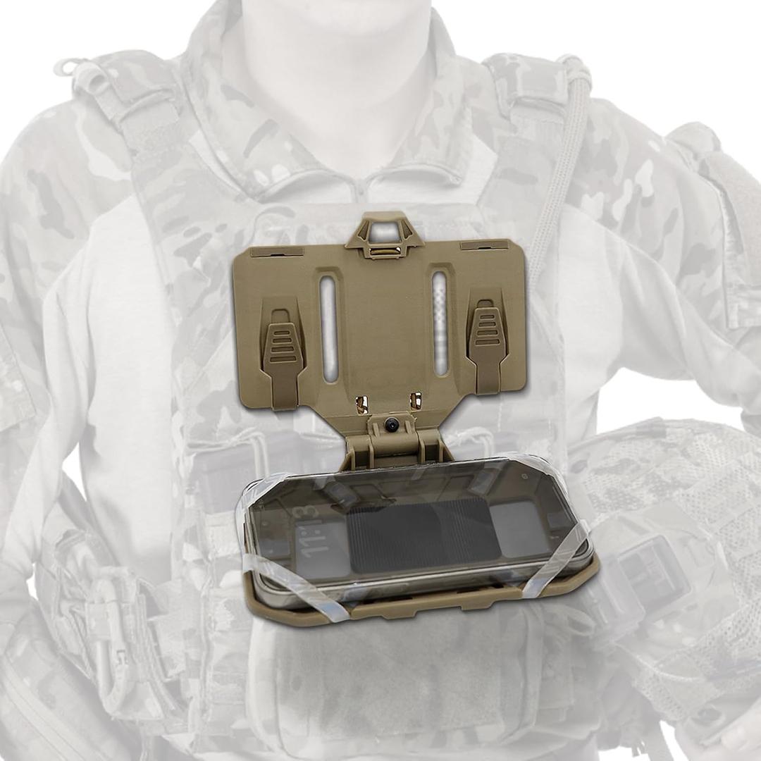 Qavctw Tactical Mobile Phone Holder Mount Plate Carrier Vest Attachments, Foldable Universal Tactical Chest Plate Carrier Phone Holder Mount for Screen Size 4.7-6.7 (TAN)