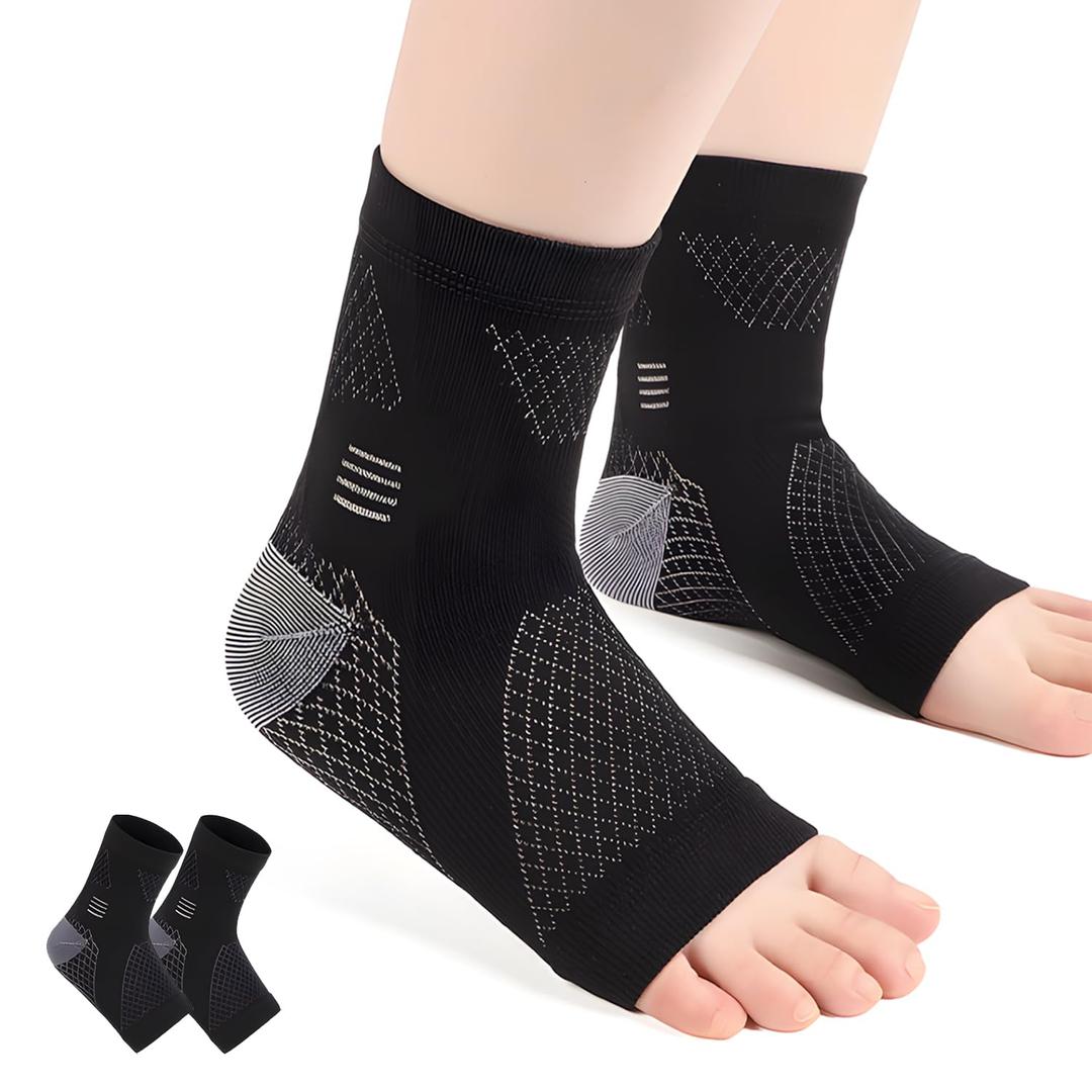 2 x Ankle Brace for Women & Men, Ankle Compression Sleeves for Plantar Fasciitis Relief, Ankle Support for Arthritis, Inflammation Relief, and Circulation(L) (Large) (Black, L)