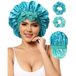 Satin Bonnets Silk Bonnet Sleeping Women Hair Bonnet Curly Hair Sleep Cap Reversible Double Layer Bonnets with Tie Band (7-7 3/8)