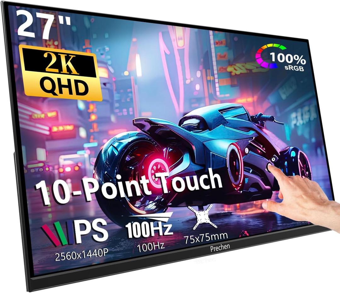 Prechen 27 Inch 2K QHD 100Hz Touchscreen Monitor 10 Point Multi Touch IPS Portable Display, 2560x1440 USB-C HDMI Laptop Monitor with Adjustable Stand & Speakers