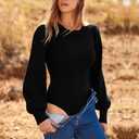MASCOMODA Long Puff Sleeve Sweaters for Women 2026 Spring Winter Crewneck Knit Ribbed Bodysuit Pullover Tops (Black, S)