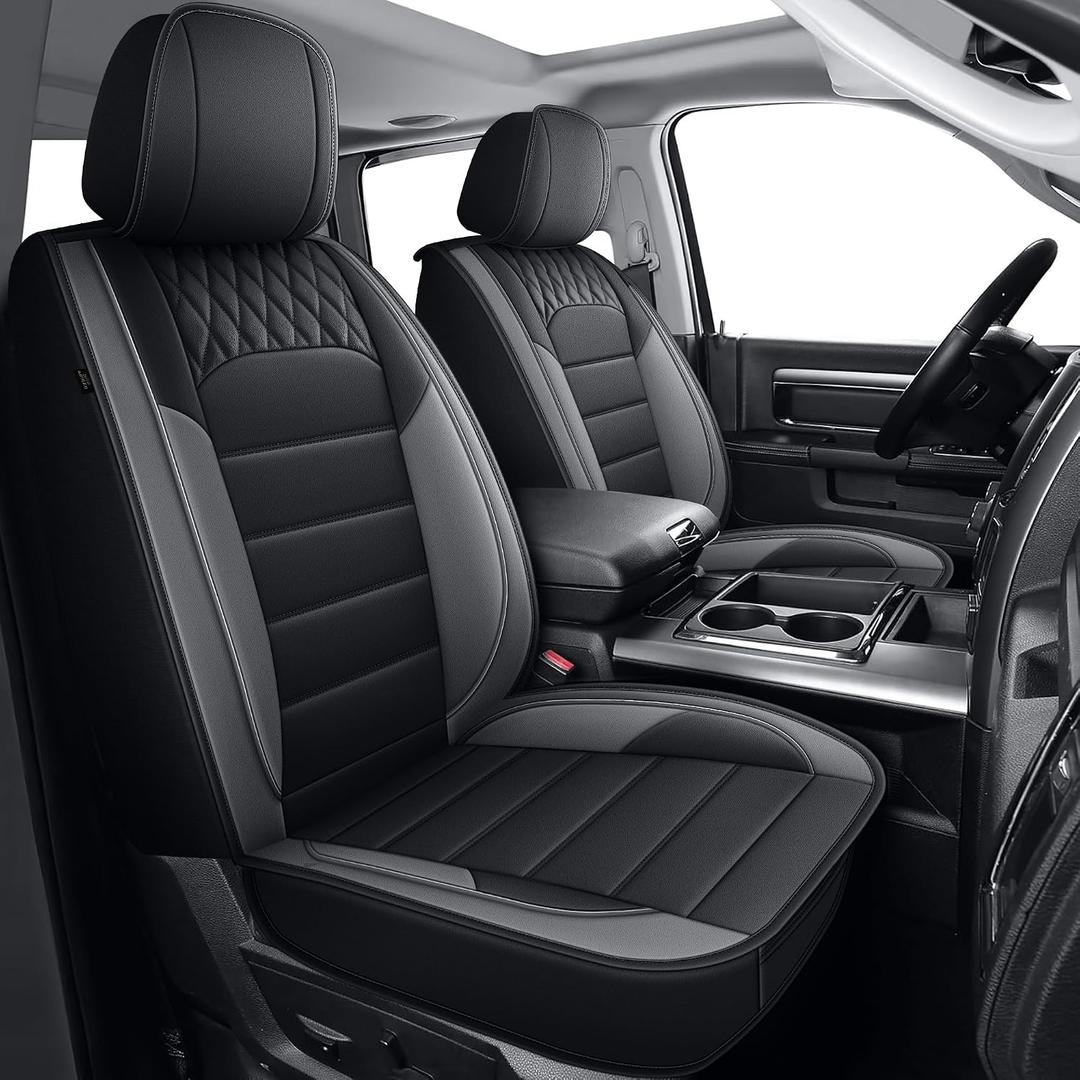 IKABEVEM Dodge Ram Seat Covers Full Set, Faux Leather Custom Fit 2012-2026 Ram 1500 2500 3500 Truck, Curved Bench Seat Cushion Cover Protector, Black&Grey