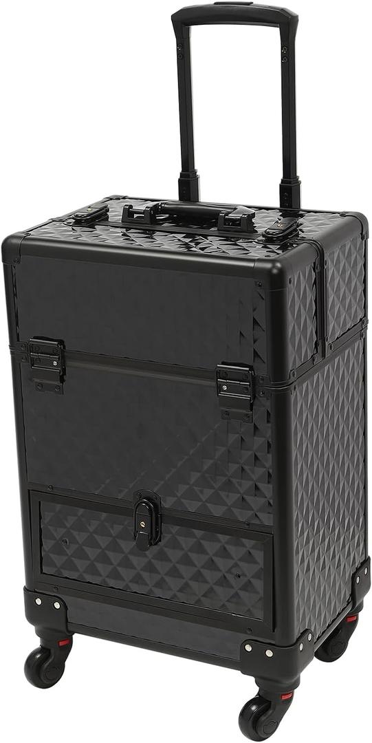 Rolling Makeup Train Case,Professional Makeup Trolley with Drawer,Rolling Nail Case Wheeled Manicure Storage Case for Hair Stylists,Pet Groomers,Makeup Artists (Black)