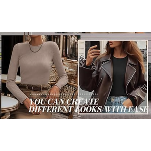 Ficerd 2 Pack Women's Ribbed Long Sleeve Tops, Crew Neck Slim Fit Undershirts Knit Basic Casual Stretch Layering Tee Shirts, Beige and Black, Small