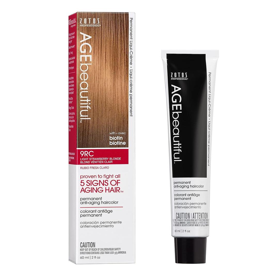 AGE beautiful Permanent Hair Color Dye Liqui Creme | 100% Gray Coverage | Anti-Aging Haircolor | Biotin for Thicker, Fuller Hair | Professional Salon Coloring (9RC Light Strawberry Blonde)