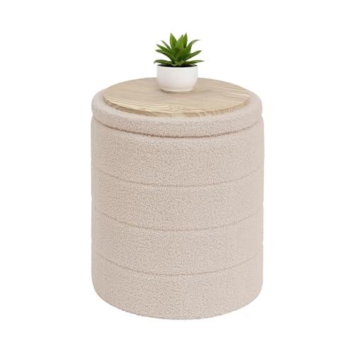 B FSOBEIIALEO Ottoman with Stroage, Round Sherpa Storage Ottoman Stool, Boucle Foot Rest 14.6"x14.6"x17.7"（Beige