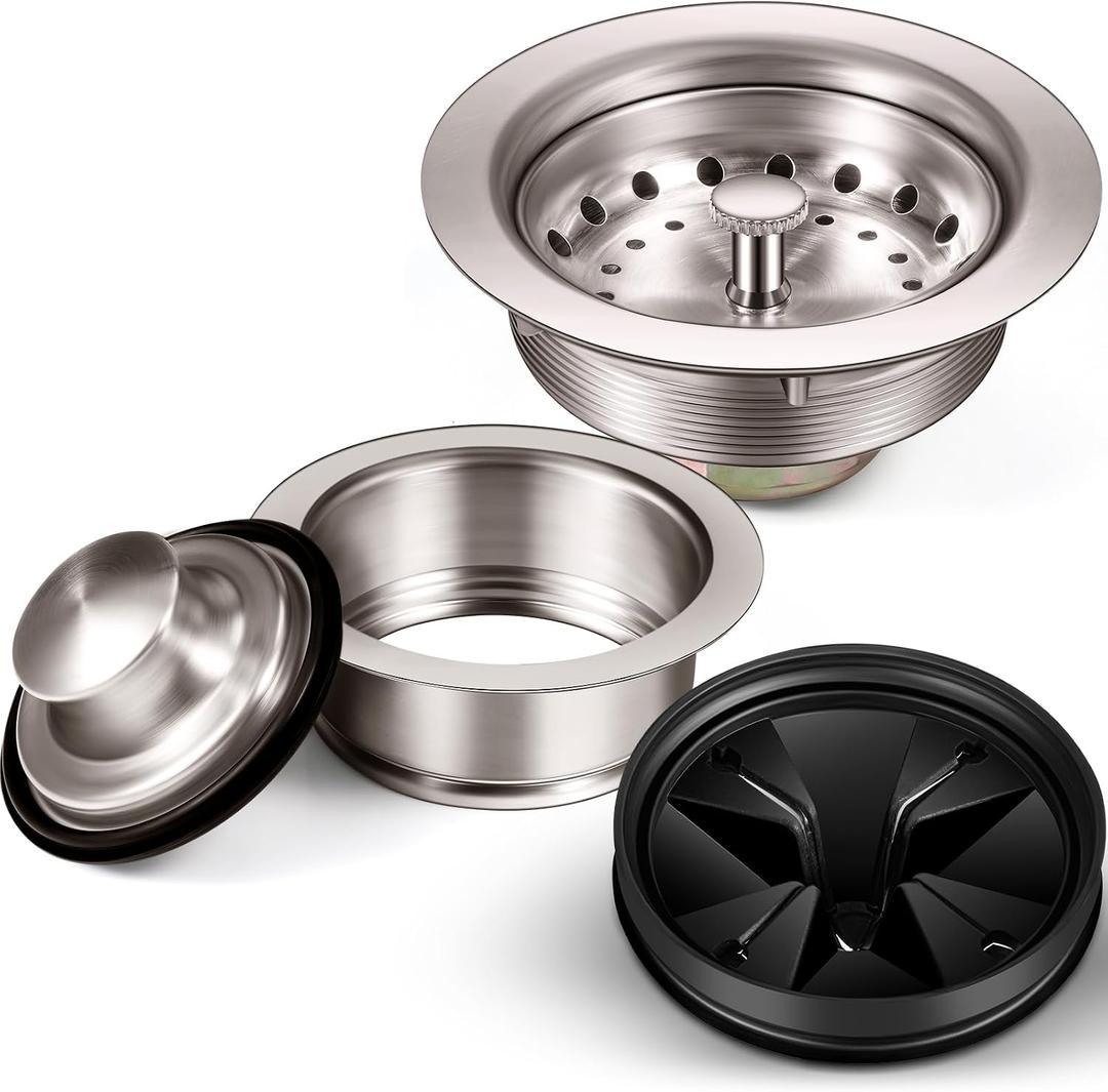 Zonon 5 Pcs 3-1/2 Inch Kitchen Sink Drain Strainer Assembly with Sink Garbage Disposal Flange and Stopper, Splash Guard Stainless Steel Replacement Accessories Kit(Brushed Stainless Steel Color)