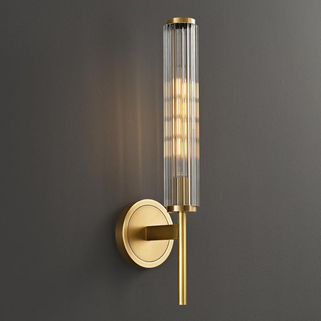18.9" Solid Brass Wall Sconce with Ribbed Groove Glass Tube - Gold Wall lamp Includes Bulbs - Modern Brushed Copper Wall Sconces for Bathroom, Living Room, Hallway, Staircase, Mirror