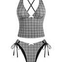 ZAFUL Women's Tankini Set V Neck Tummy Control Floral Printed Tie Side Thong Bikini Swimsuits 2 Piece Bathing Suits (M, Gingham Black)