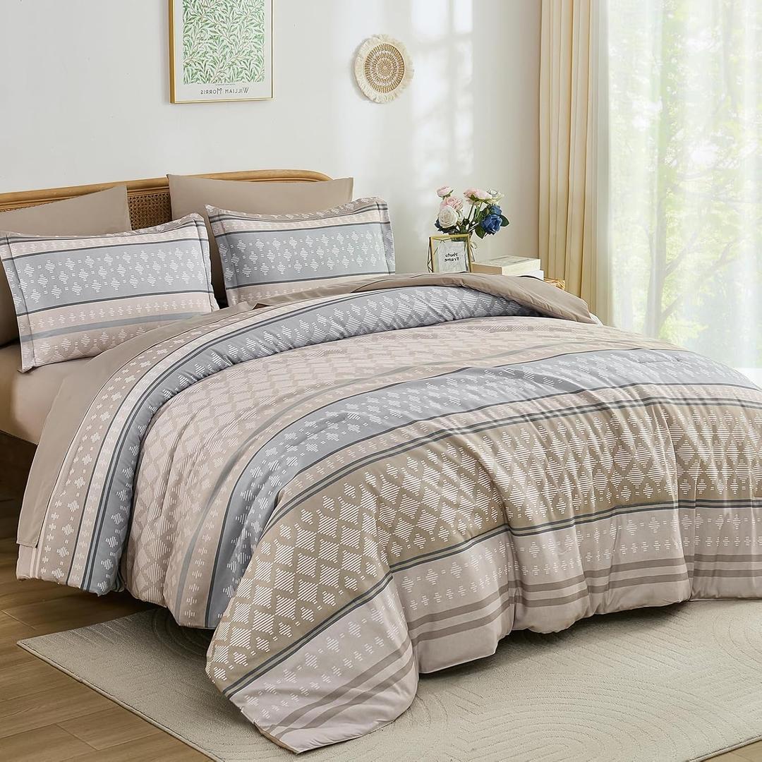 Drucon Boho Comforter Set Queen Size,7 Pieces Bed in a Bag Khaki Striped Bohemian Comforter Soft Microfiber Bedding Set for All Season