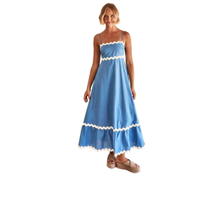 OBEEII Women Summer Dresses 2024 Vacation Boho Spaghetti Strap Backless Smocked Rickrack Trim Flowy A-line Maxi Sundress XL