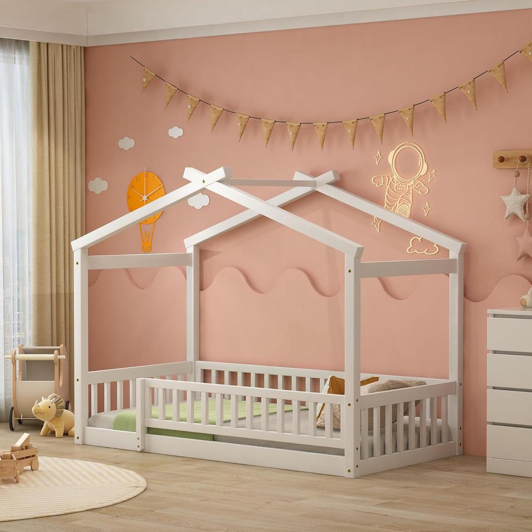Harper & Bright Designs Twin House Bed with Safety Fences and Door, Solid Wood House Floor Bed Twin, Montessori Bed Frame for Boys, Girls, Playhouse Design & No Spring Box Needed, White