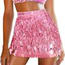REETAN Fringe Sequin Skirt Belly Dance Sparkly Tassel Skirts for Women (Pink)