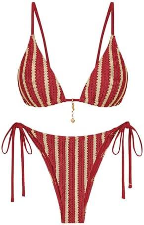 ZAFUL Crochet Bikini Sets for Women Cheeky Two Piece Bathing Suits Striped Brazilian High Cut Knit Swimsuit Tie for Vacation, M