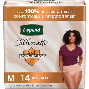 Depend Silhouette Adult Diapers, Incontinence & Postpartum Bladder Leak Underwear for Women, Maximum Absorbency, Medium, Pink, 14 Count