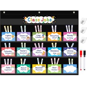 REGELETO Class Jobs Pocket Chart with 70 Colorful Dry Erase Cards and 3 Hooks,Class Management Educational Pocket Chart Teacher's Helper Size: 24.5x21.8inch Bulletin Board for Classroom (Black)