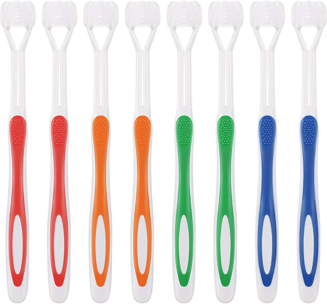 Boao 8 Pieces Three Sided Toothbrush Autism Travel Sensory Toothbrush for Complete Teeth and Gum-Care, Great Angle Bristles Clean Each Tooth, Soft/Gentle (Green, Blue, Yellow, Red)