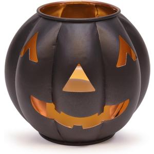 Metal Jack O' Lantern Pumpkin Flamless LED Candle Lantern, 5 Inch, Black with Gold Interior