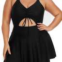 Summer Mae Women's Plus Size One Piece Swim Dress Floral Cutout Swimsuits V-Neck Bathing Suit with Skirt (Black)