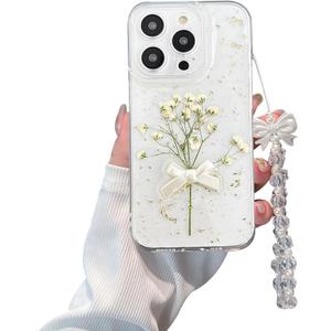 for iPhone 12 - White Flower Bow Case - Real Flower Gold Foil Transparent Case - Soft TPU Case for Women and Girls 6.1