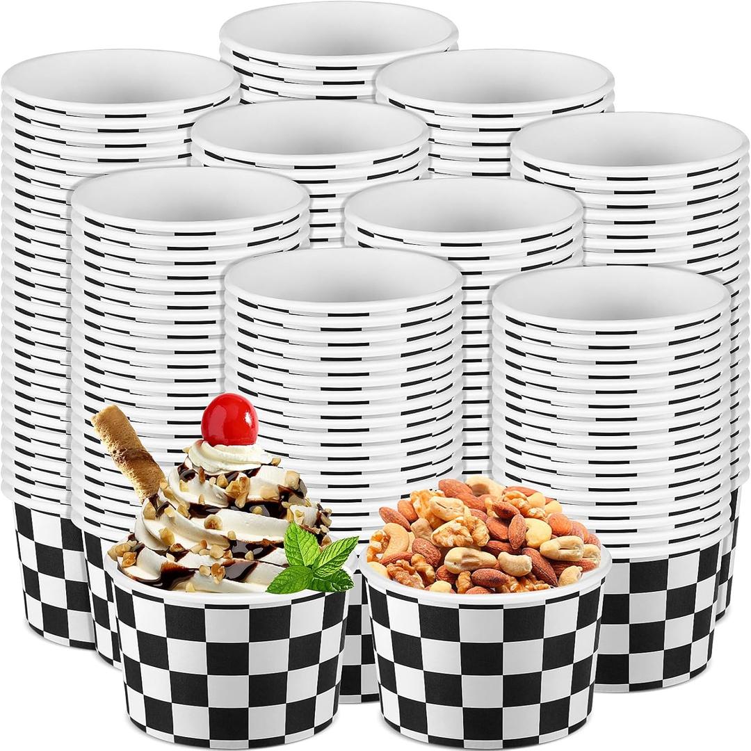 Bokon 100 Pcs Black and White Checkered Paper Ice Cream Cups 9 oz Disposable Dessert Bowls Snack Cups Soup Cups for Boys Men Birthday Baby Shower Race Fans Party Decorations Racing Car Party Supplies