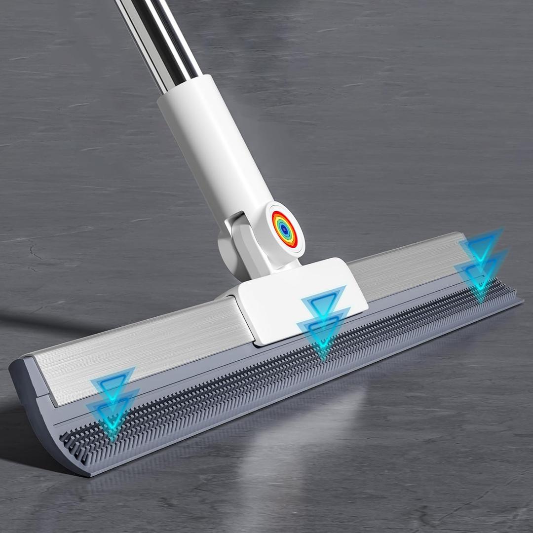 Squeegee Broom for Floor, 18" Heavy Duty Floor Squeegee with Rubber Scrubbing Teeth, 2-in-1 Magic Silicone Broom for Pet Hair, Dust, Water, Tile and Carpet, 61" Long Handle