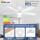 Ceiling Fans with Lights and Remote, 48 Inch Ceiling Fan with Light, Low Profile, Reversible, Dimmable LED, Flush Mount, Quiet, DC Motor, White Ceiling Fan for Bedroom, Kitchen, Dining Room