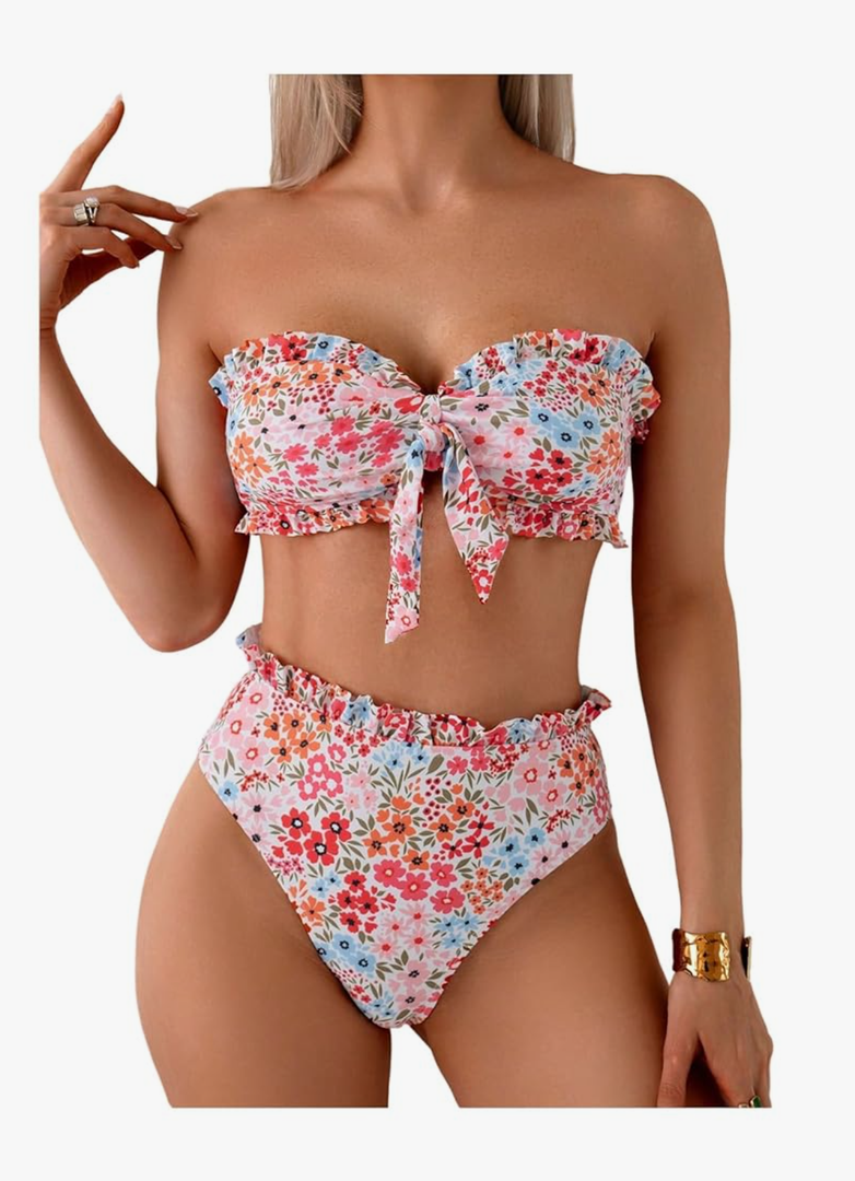 SOLY HUX Women's Bandeau Bikini Set Tie Knot Front Frill Strapless High Waisted Bathing Suit Two Piece Swimsuit, Size Medium