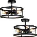 3-Light Semi Flush Mount Ceiling Light, Farmhouse Black Metal Cage Fixture, Industrial Lighting for Kitchen Foyer Hallway Entryway 2 Pack