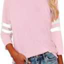 Womens 3/4 Sleeve Fashion Crewneck Tops Patchwork Blouse Casual Loose Comfy Shirt (X-Large, 1 Baby Pink)