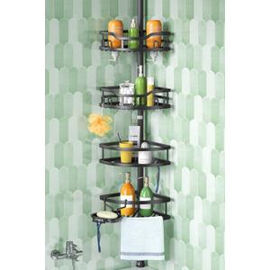 Corner Shower Caddy Tension Pole: Rustproof Stable 4-Tier Bathroom Organizer Shelves for Bathtub Shampoo Storage - 47-121 Inch Quick Install Adjustable Standing Rack with Soap Rack - Black