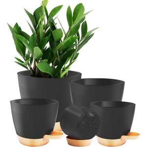 5-Pack Plant Pots with Drainage 7/6.5/6/5.5/5 Inch, Self Watering Pots for Indoor Plants, Planters for Indoor Outdoor Plants, Plastic Flower Pot, Planter for Indoor Outdoor (Black)
