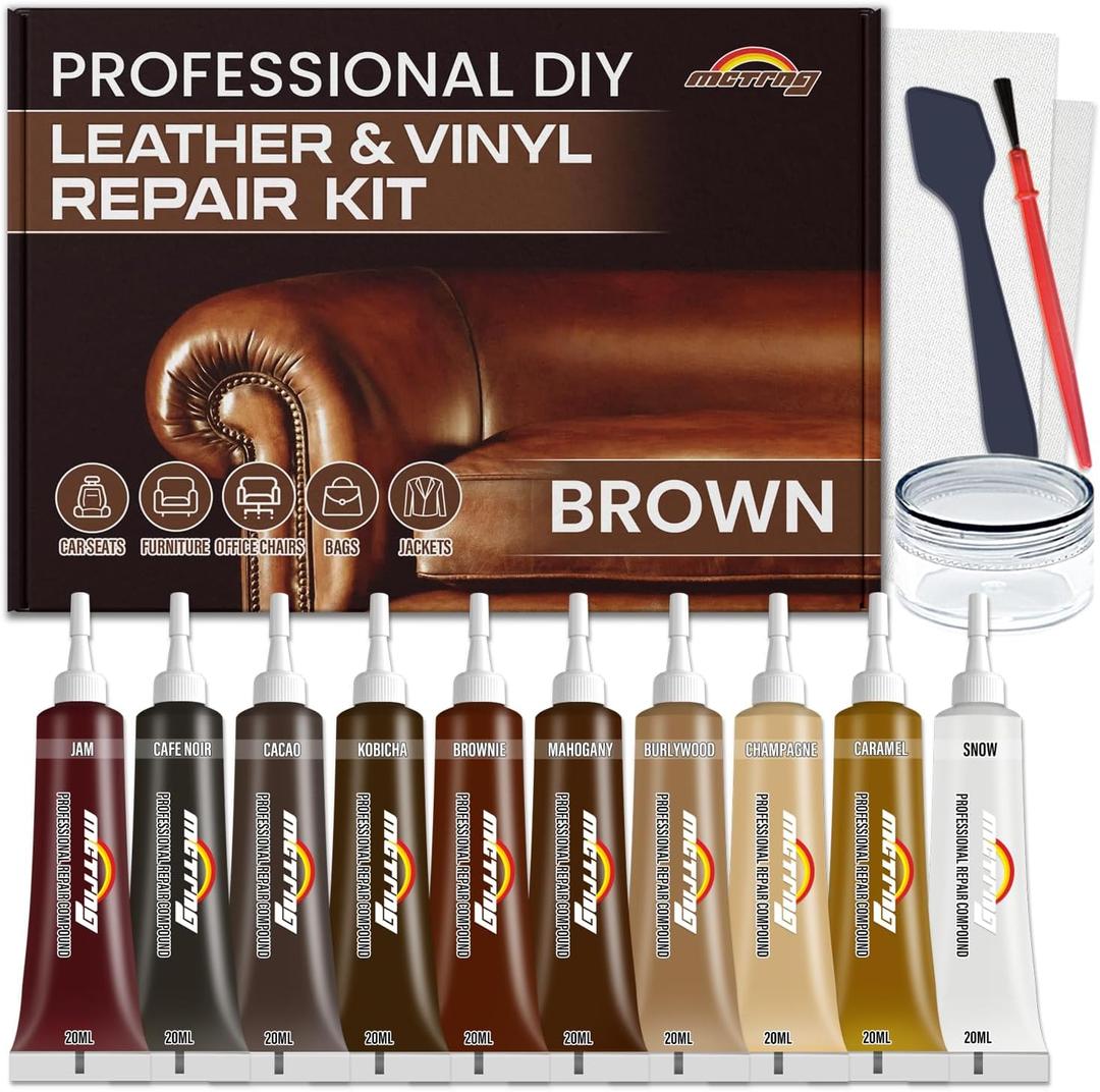 Brown Leather & Vinyl Repair Kit, Leather Repair Kit for Sofa, Jacket, Car Seats, Purse, Easily Restores Cat Scratch, Rips, Tears, Cracks, Holes on Faux, Artificial, Genuine Pleather & Any Material