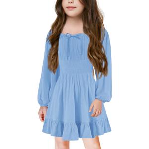 Batermoon Girls Long Sleeve Square Neck Casual Boho Smocked Short Dresses 5-14 Years (Blue, XXL)