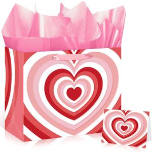 Innovoscape Mother's Day Gift Bag with Tissue Paper Greeting Card Large Pink Red Love Heart Mothers Day Gift Wrapping Paper Goodie Treat Bags for Her Men Him Women Valentine's Day Party Decorations