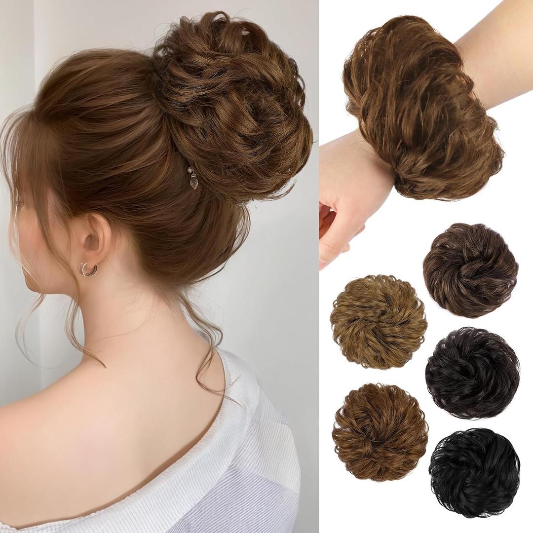 HMD 100% Human Hair Bun Messy Bun Extensions Human Hair Messy Rose Bun Hair Piece Curly Hair Bun with Elastic Band Bun Extensions Tousled Updo Hairpieces for Women(Medium Brown)