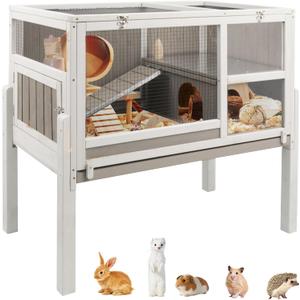 Ketive Guinea Pig Cages Indoor, Wooden Guinea Pig Cages with Stand, Rabbit Cage Hutch with Ramp and Hideout, Small Animals Cage Habitat with Not Leakage Pull Out Tray