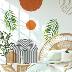 Boho Mid-Century Modern Wall Decals Peel and Stick, Large Archs Sun Vinyl Wall Stickers, Removable Leaves Plants Home Decor Art for Bedroom Living Room Classroom Office