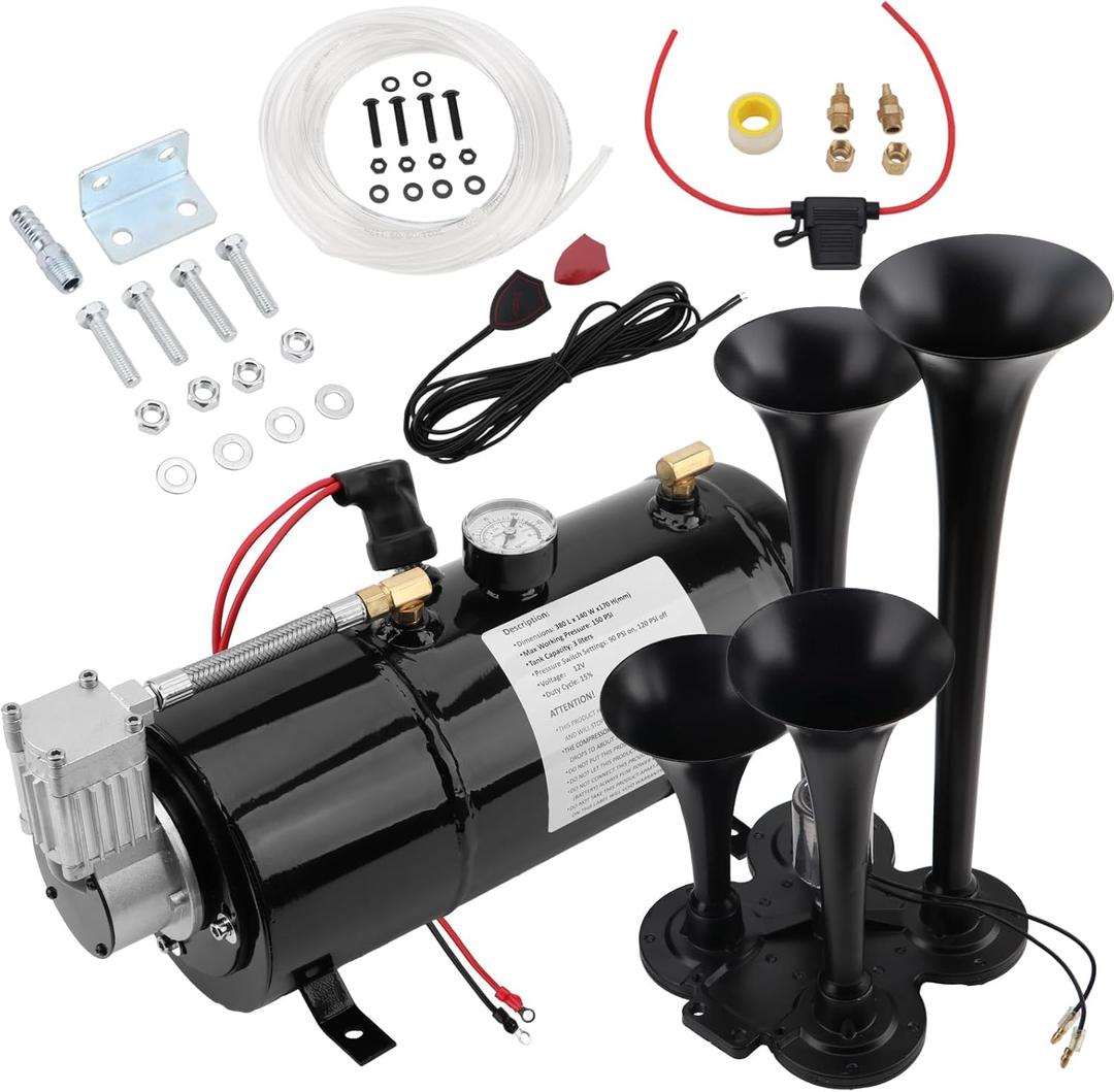 178DB 4 Trumpet Horns Train Horns Kit for Super Loud Air Horn 150 PSI 12V Air Compressor Air Tank Can for Trucks Car Jeep Or SUV(0.8 gal 12v black air horn kit)