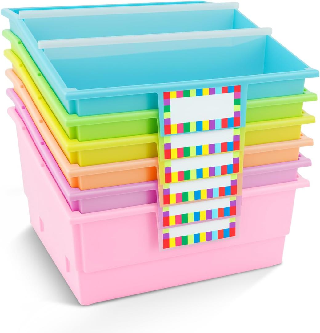 6 Pack Picture Book Bin with Dividers Classroom Library Book Bin Large Plastic Books Holders with Labels for Classroom Library Magazines Storage Organizer 13.5 x 13.5 x 7.75 in(Candy)