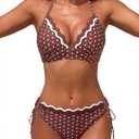 Blooming Jelly Women's Bikini Sets Polka Dot Two Piece Swimsuit Cheeky Scalloped Trim String Mid Rise Bathing Suit (Brown, M)