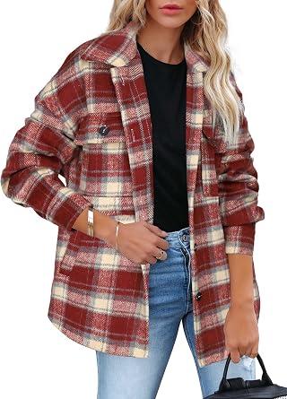 Beaully Women's Flannel Plaid Shacket Fall Winter Outfits Long Sleeve Button Down Shirts Jacket Coats with Side Pockets, M, Red