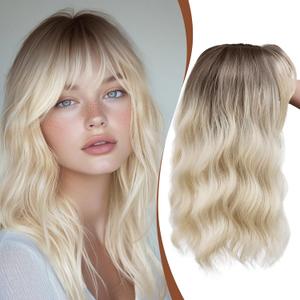 Hair Topper with Bangs 16 Inch Ombre Dark Root to Blonde Synthetic Wavy Hair Toppers for Women 6.5"x6.5" Big Base Invisible Wiglets Hairpieces for Women Daily Wear