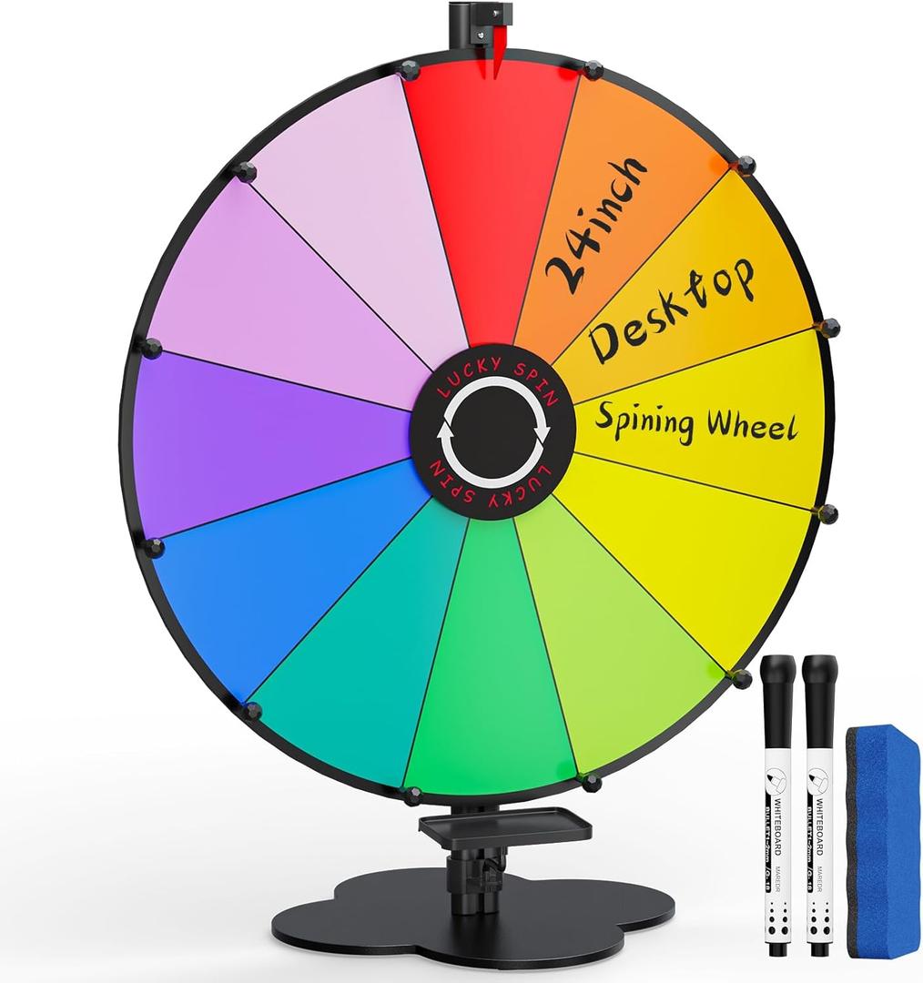 24 Inch Prize Wheel, Tabletop Spinning Wheel for Prizes, Heavy Duty Spin Wheel with Dry Erase Marker & Eraser, 12 Slots Colors Wheel Spinner with Stand for Party, Carnivals and Tradeshow