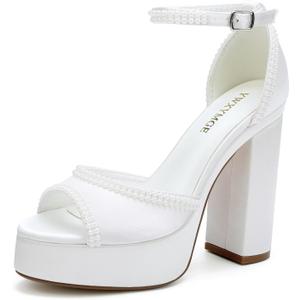 Platform Heels Wedding Shoes for Bride Ankle Strap Bridal Heeled Sandals Wedding Heels (6, Ivory)