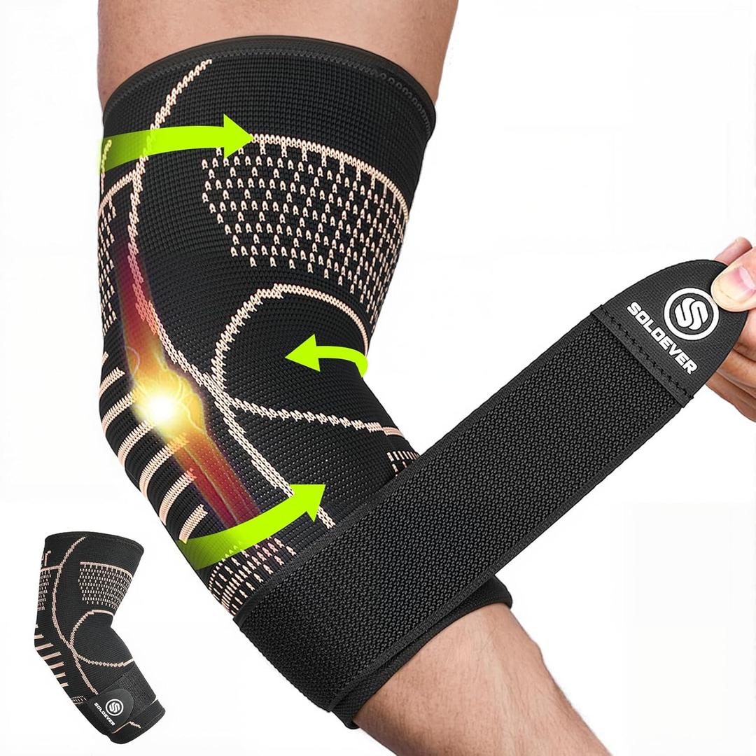 Copper Elbow Brace for Tendonitis and Tennis Elbow, 3D Knit Elbow Compression Sleeve with Adjustable Strap for Arthritis, Golfers, Bursitis, Elbow Pain Relief, Weightlifting, Fit for Men & Women (Black, Medium)